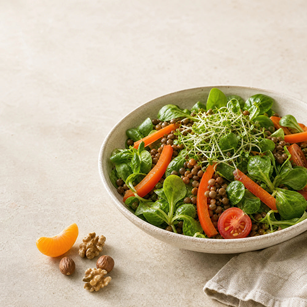 Folsäure Lebensmittel – text 1; Food-First-Motiv mit frischen Lebensmitteln und Sprossen
