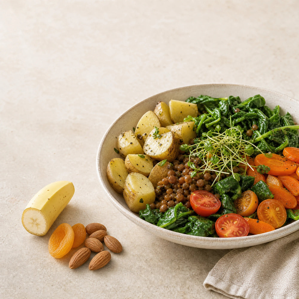 Kalium Lebensmittel – text 1; Food-First-Motiv mit frischen Lebensmitteln und Sprossen