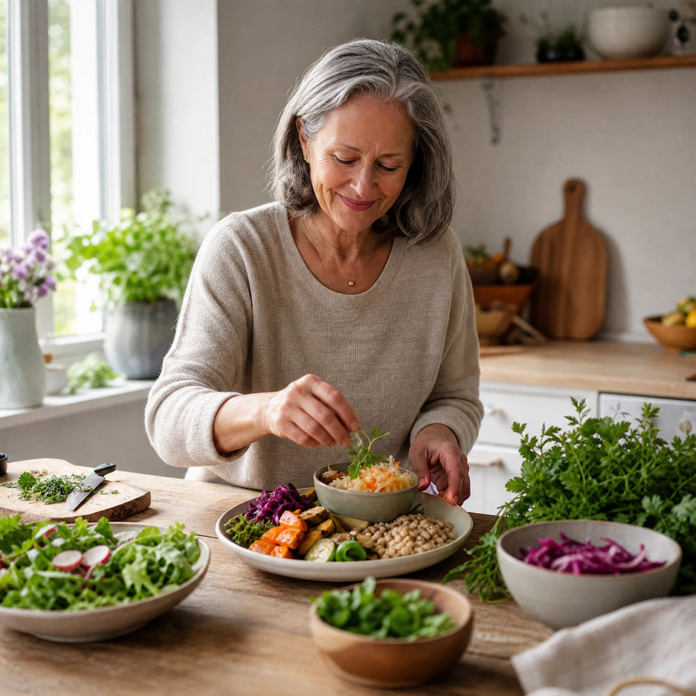 Frau 60+ richtet eine Mahlzeit mit fermentiertem Gemüse und frischen Kräutern an