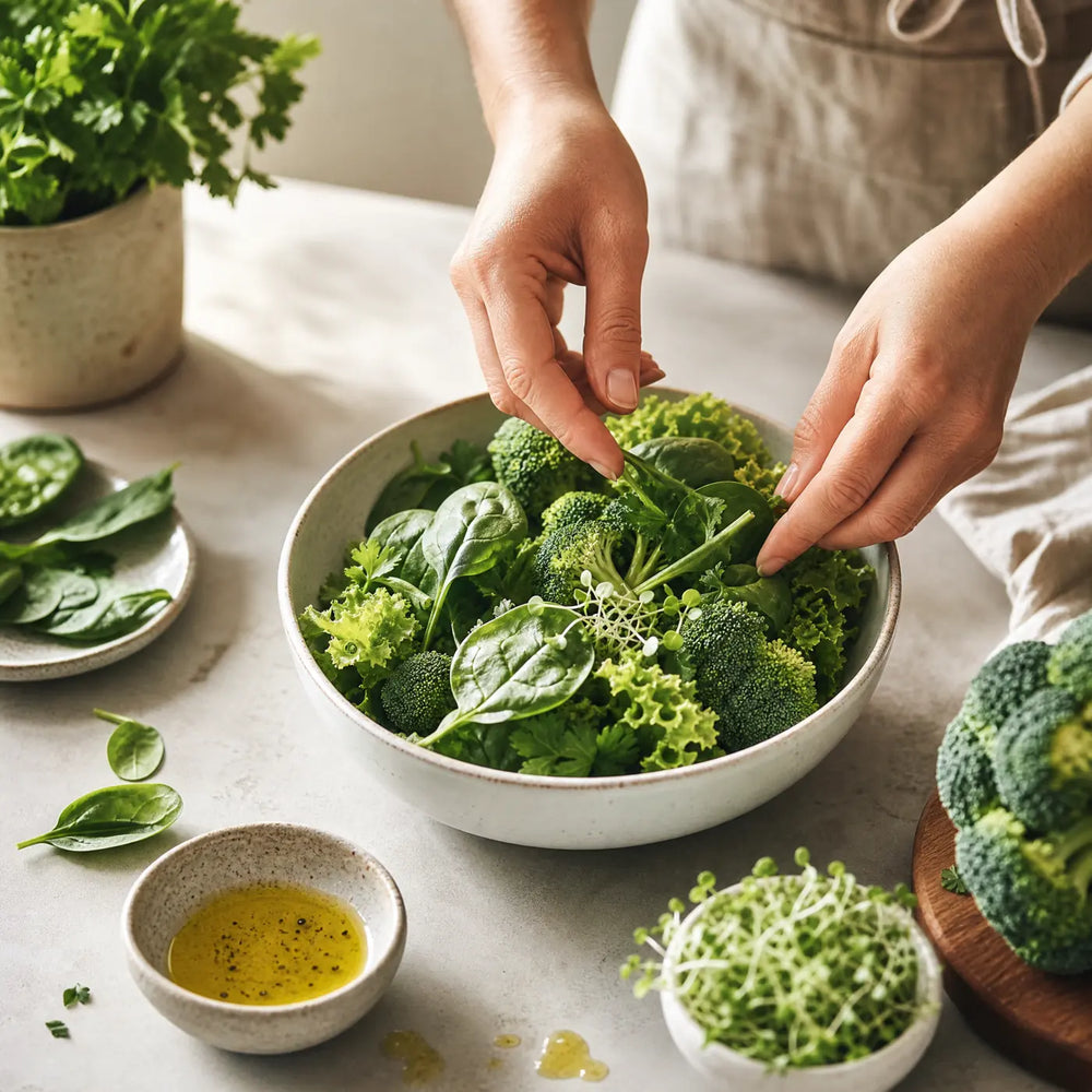 Grüner Salat mit Brokkoli, Spinat und frischen Brokkoli Sprossen