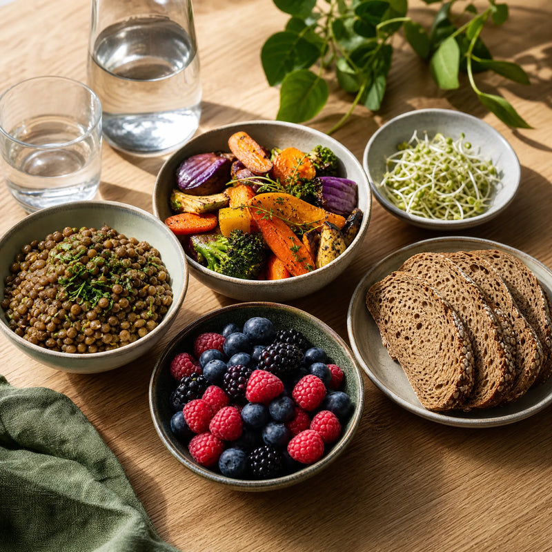 Nährstoffdichte Mahlzeit mit Gemüse, Linsen, Vollkorn und Obst