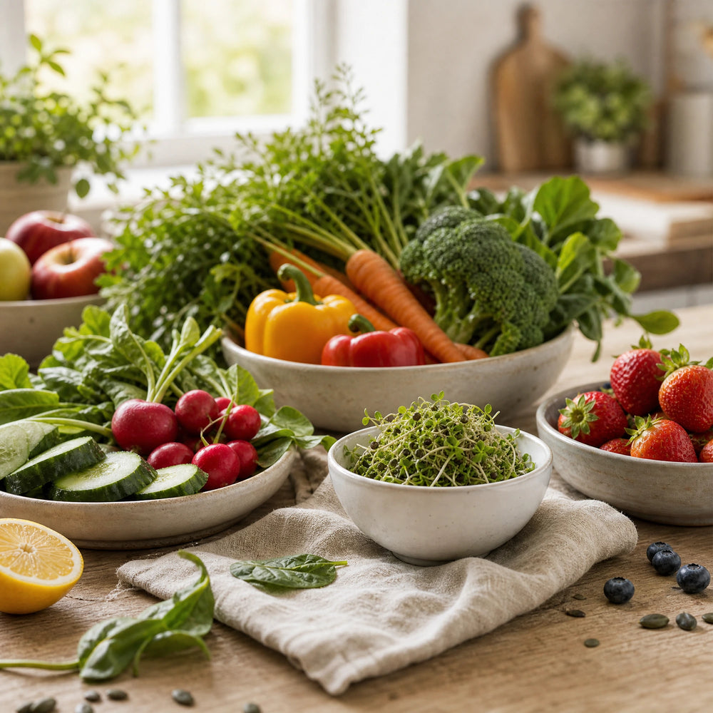 Gesunde Ernährung – abwechslungsreiche Gemüseauswahl mit frischen Sprossen als Food-First-Ergänzung