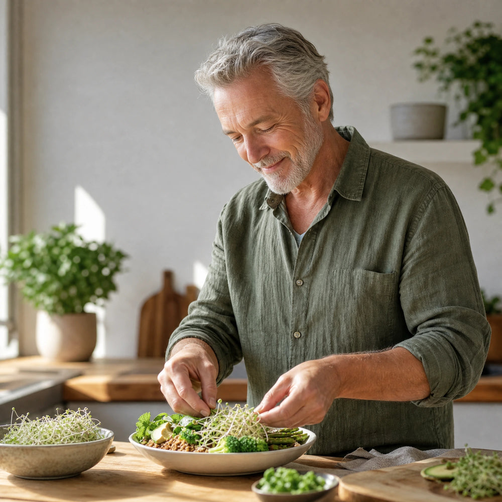Mann ab 60 bereitet eine Bowl mit frischen Sprossen in einer hellen Küche zu