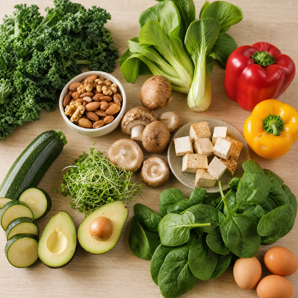Kohlenhydratarme Lebensmittel – Food-First-Bild für Inhaltsabschnitt 3; gemüsebetonte Mahlzeit mit frischen Brokkoli-Sprossen