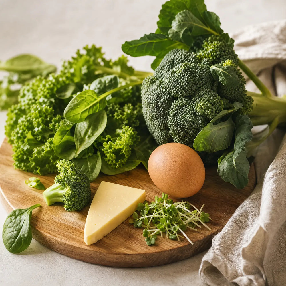 Brokkoli, Blattgemüse, Ei, Käse und frische Sprossen