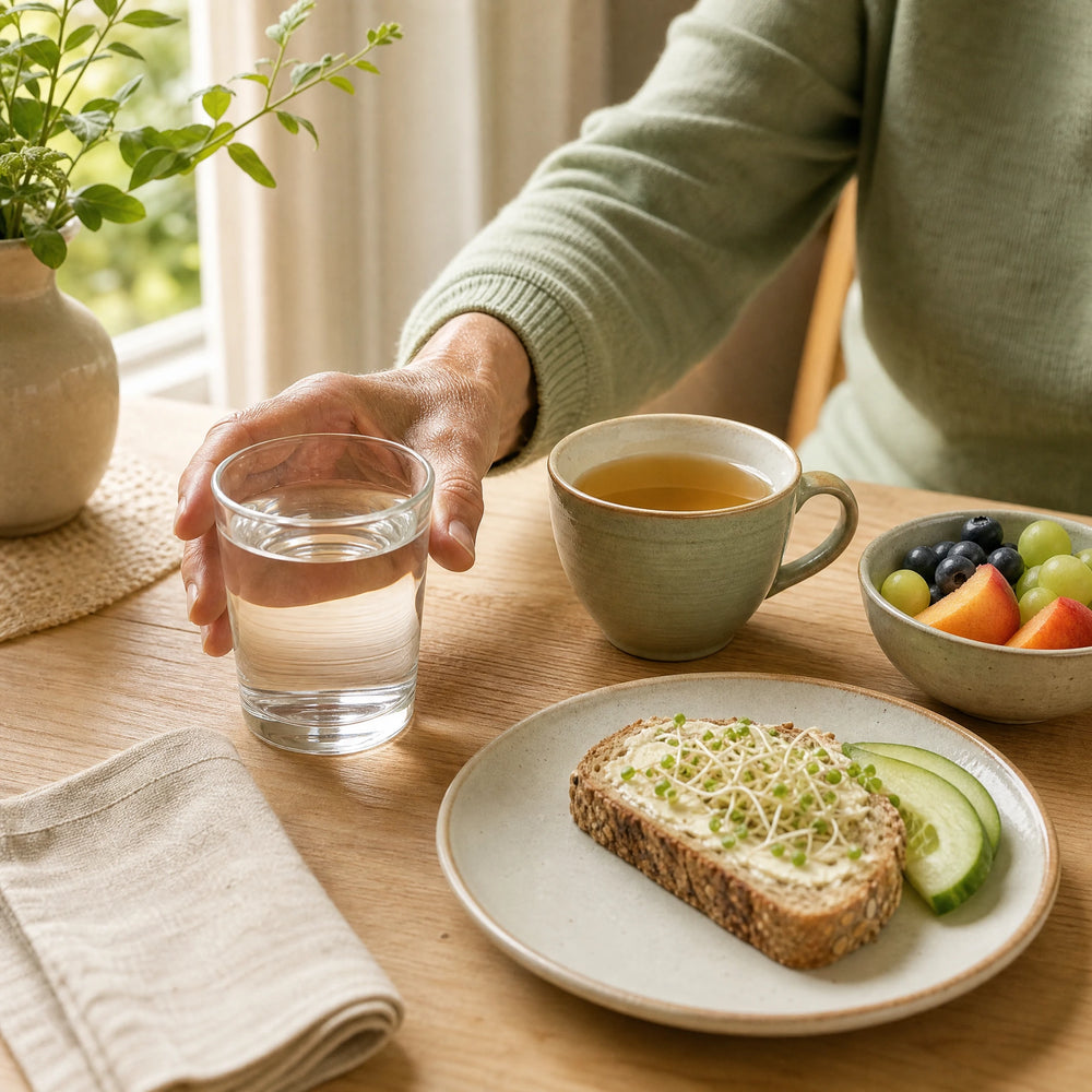 Trinkroutine mit Wasser, Tee, Obst und Vollkornbrot