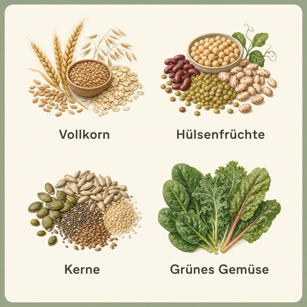 Infografik zu Vollkorn, Hülsenfrüchten, Kernen und grünem Gemüse