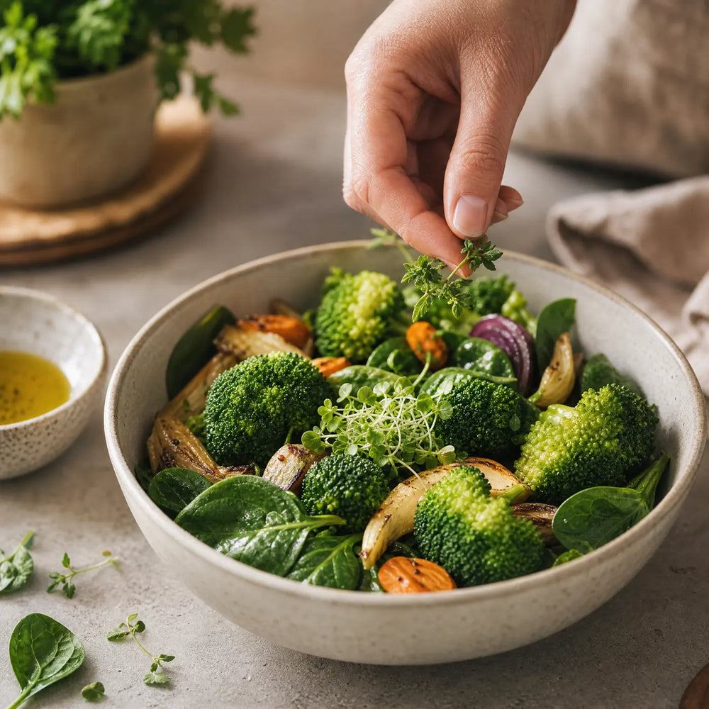 Brokkoli Bowl mit Spinat, Olivenöl und frischen Brokkoli Sprossen