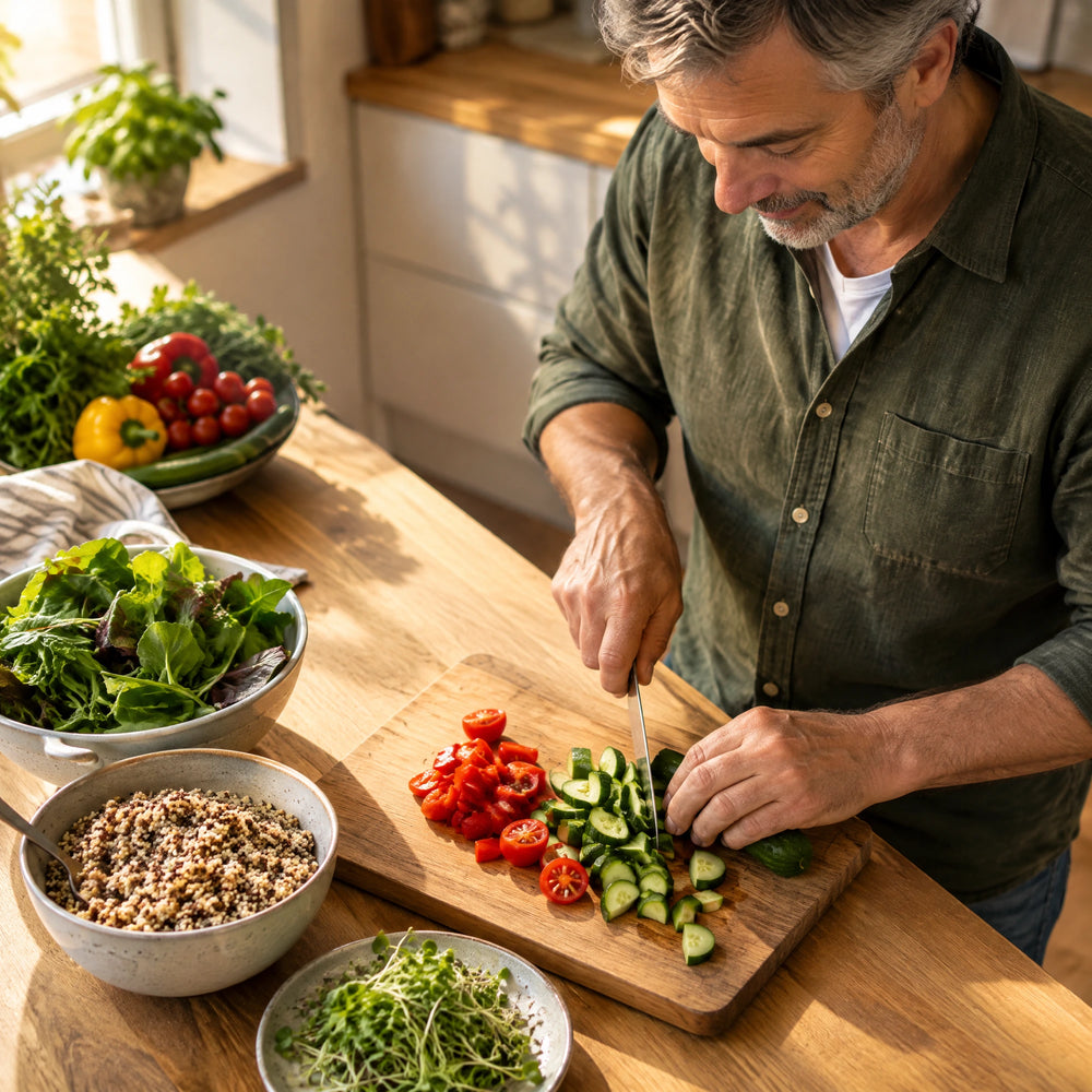 Mann ab 55 bereitet Gemüse und frische Sprossen für eine Mahlzeit vor