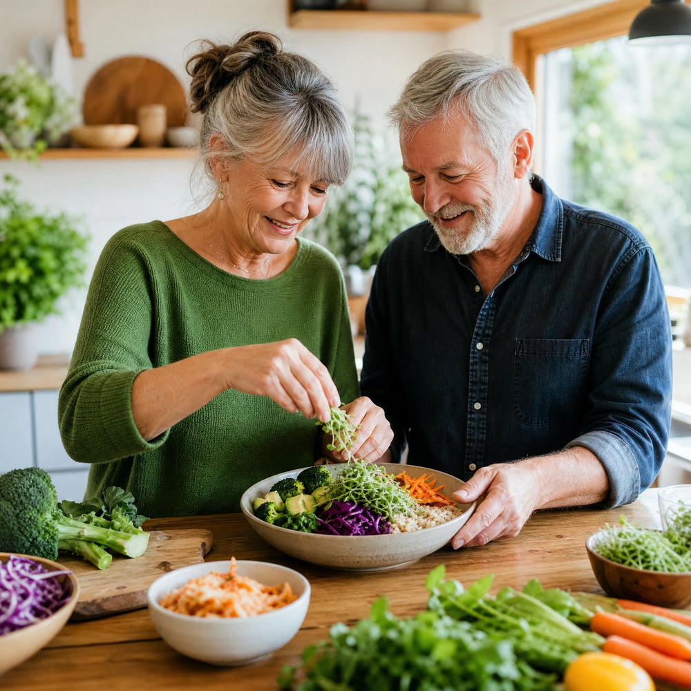 Zwei Personen 60+ bereiten eine Bowl mit Gemüse, fermentierter Zutat und Brokkoli-Sprossen zu
