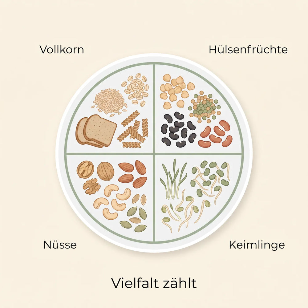 Infografik zu Lebensmittelvielfalt mit Vollkorn, Hülsenfrüchten, Nüssen und Keimlingen
