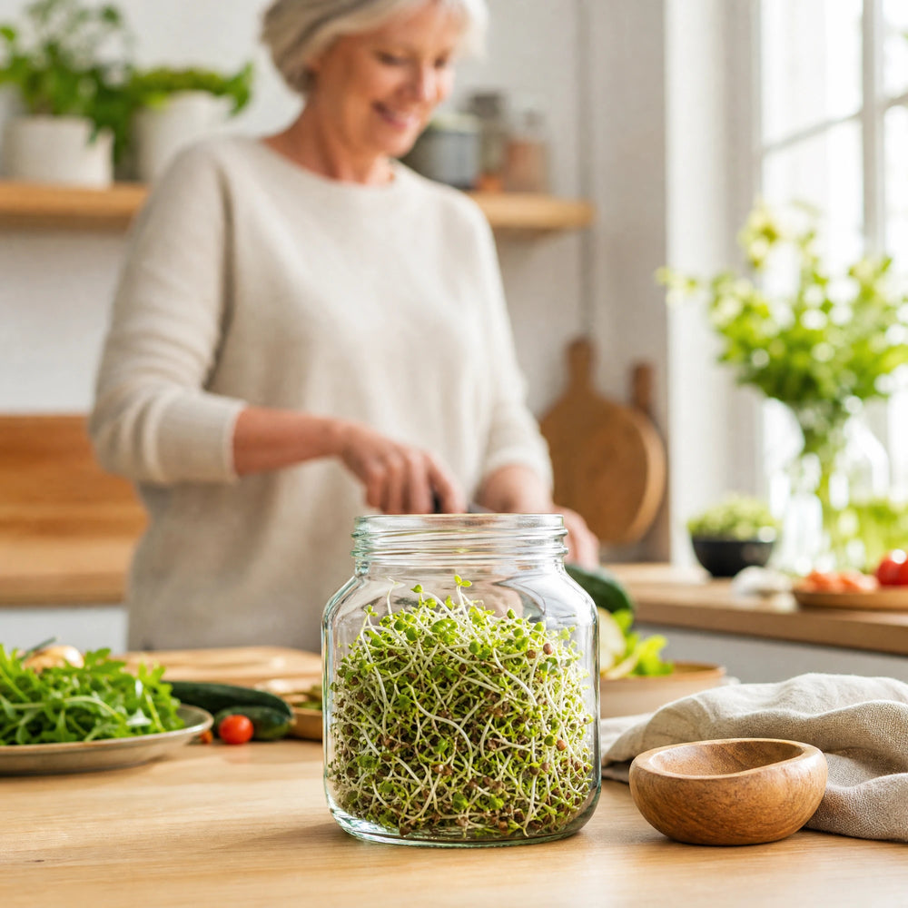 Keimglas mit frischen Sprossen in heller Küche, Person 60+ im Hintergrund