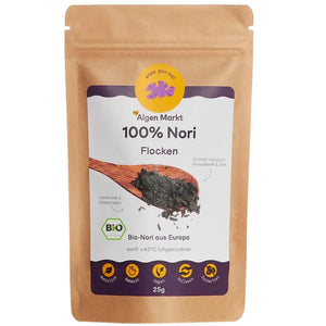 Fein geschnittene Nori-Algenflocken mit mildem Meeresaroma, aus biologischem Anbau in der Bretagne, roh getrocknet