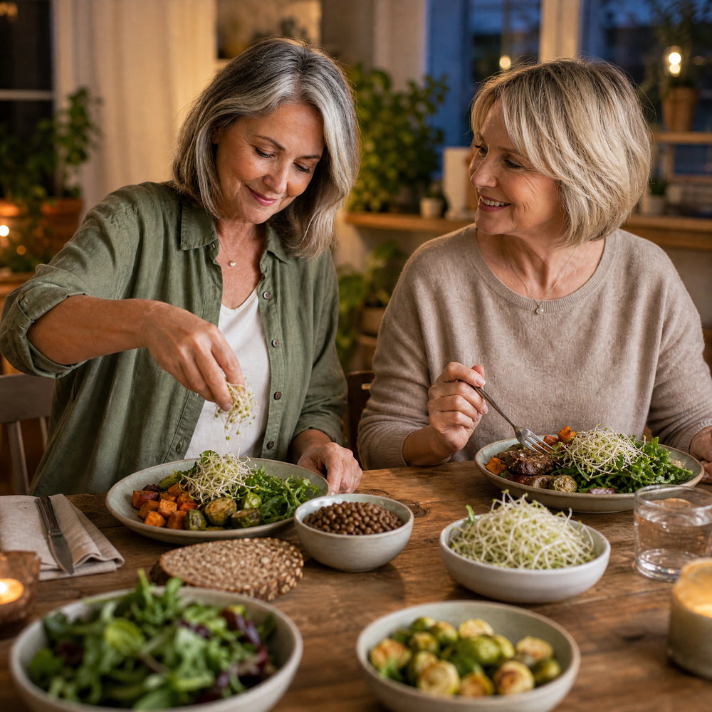 Zwei Frauen ab 50 genießen ein buntes Abendessen mit frischen Sprossen
